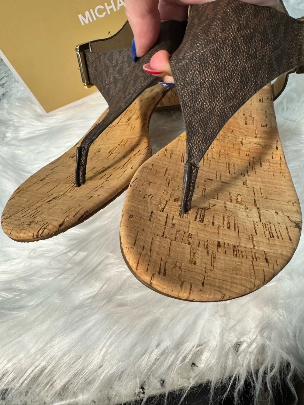 Michael Kors NEW Brown MK Logo Cork Thong Sandals with Gold Buckle